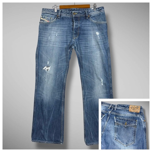 Diesel Ruky Jeans Mens 36x32 Distressed Fades Whiskers Straight Leg Flap Pockets - Picture 1 of 15